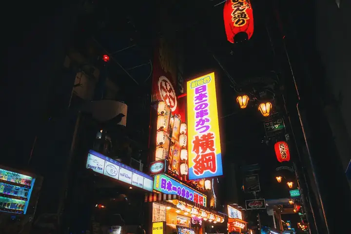 Neon signs and paper lanterns on a night street — Night Cinema 800T